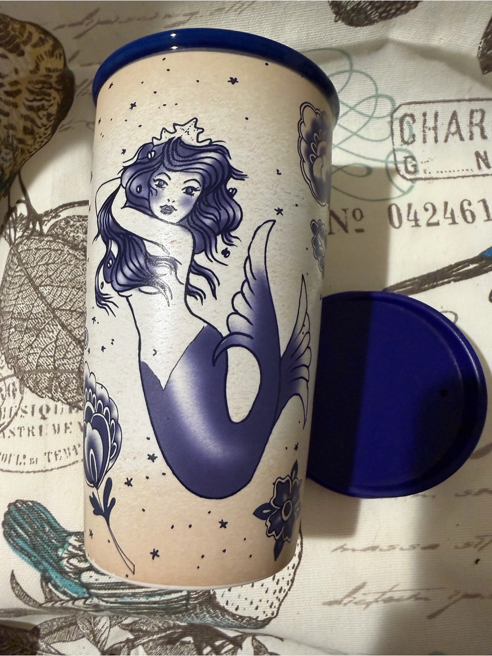 Starbucks Blue and Cream Mermaid Ceramic Travel Mug